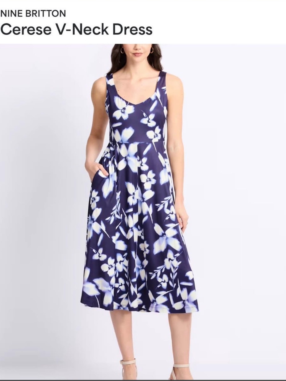 nine britton NWT Navy and White Floral V-Neck Midi Dress